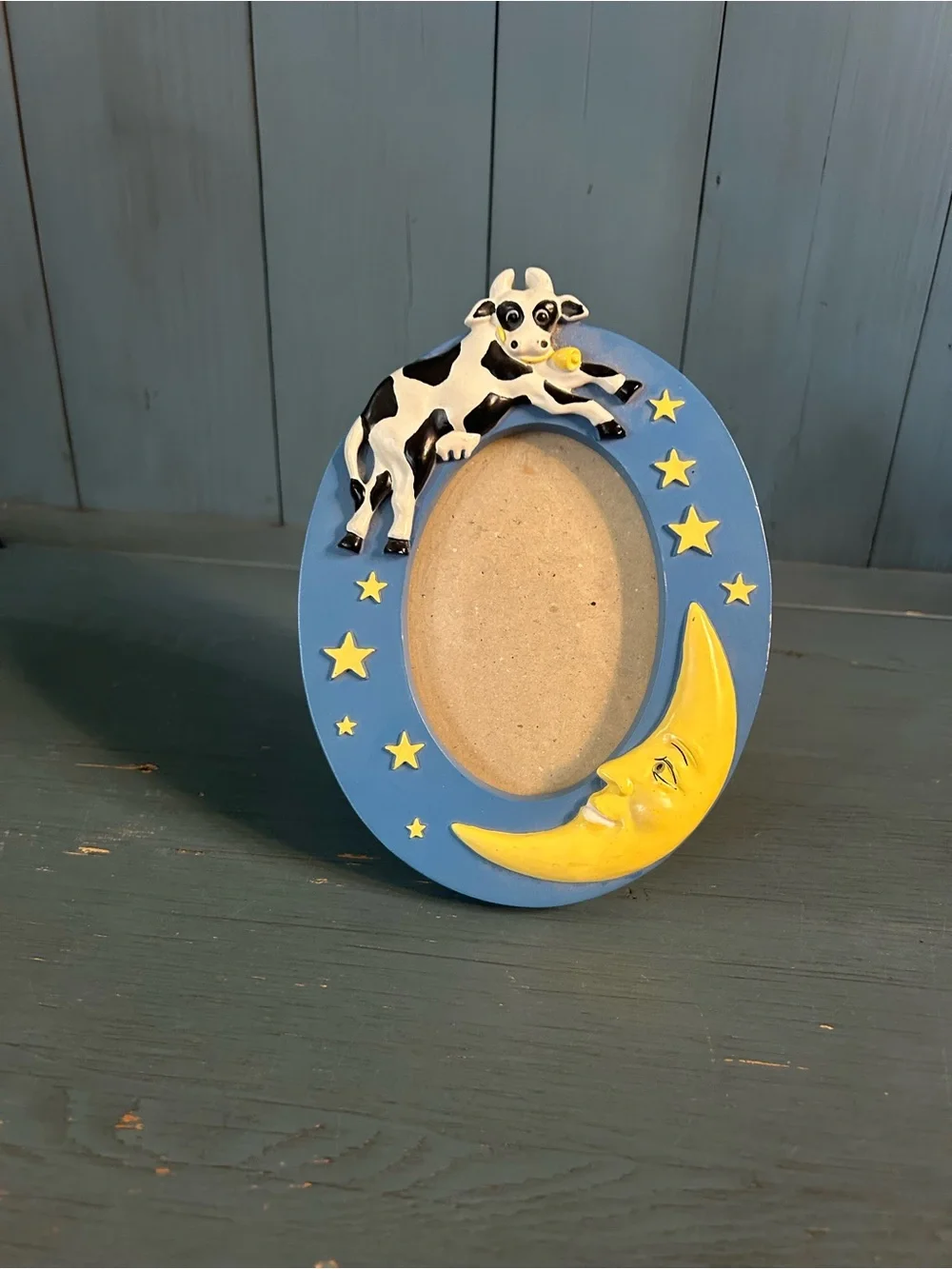 Whimsical Cow & Moon Oval Photo Frame - Blue & Yellow - Nursery Rhyme